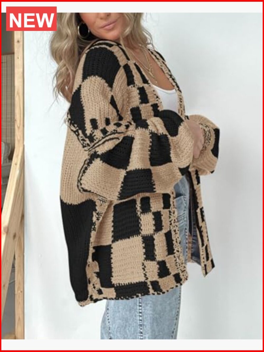 Long Sleeve Open Front Chunky Knit Checkered Cardigan Sweater for Women - Picture 5 of 7